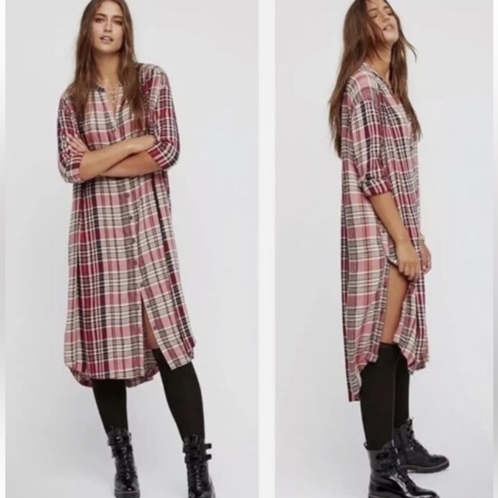 Free People Loralei Plaid Button Down Midi Dress Longline Shirt Size M